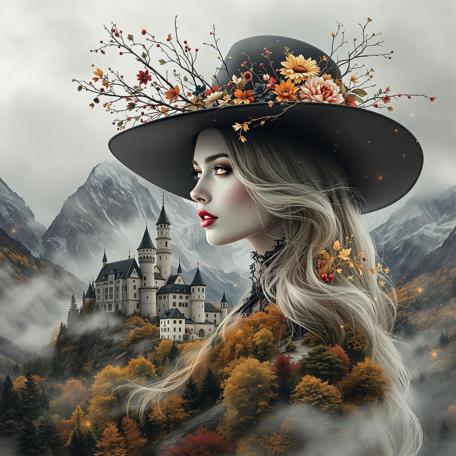 Surreal Woman in Mountain Landscape with Castle