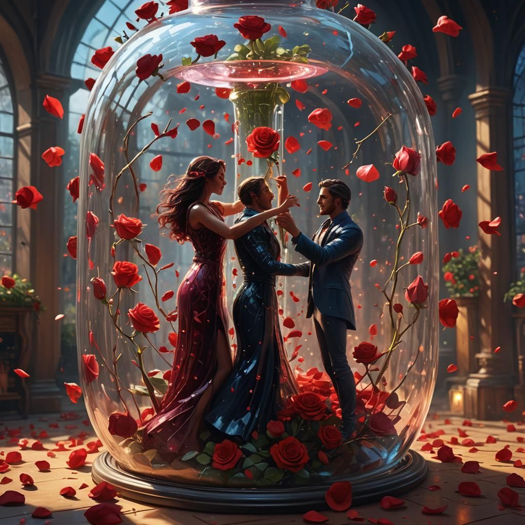 Lovers Dancing in Glass Bottle: Fantastical Oil Painting