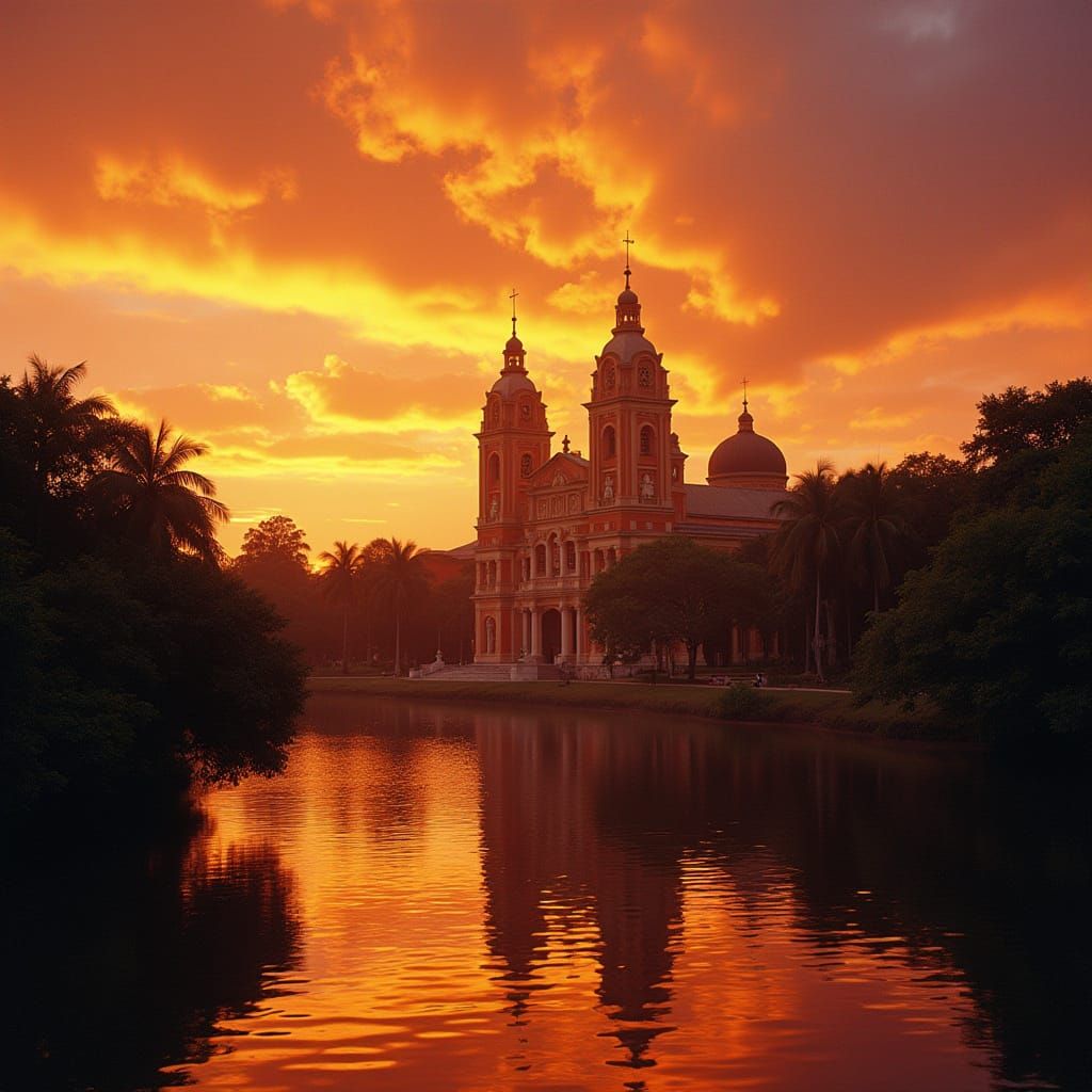 Tropical Lake at Sunset with Nicaraguan Cathedral