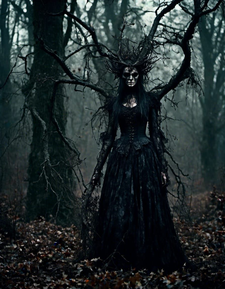 Hyperrealistic Witch in Macabre Forest