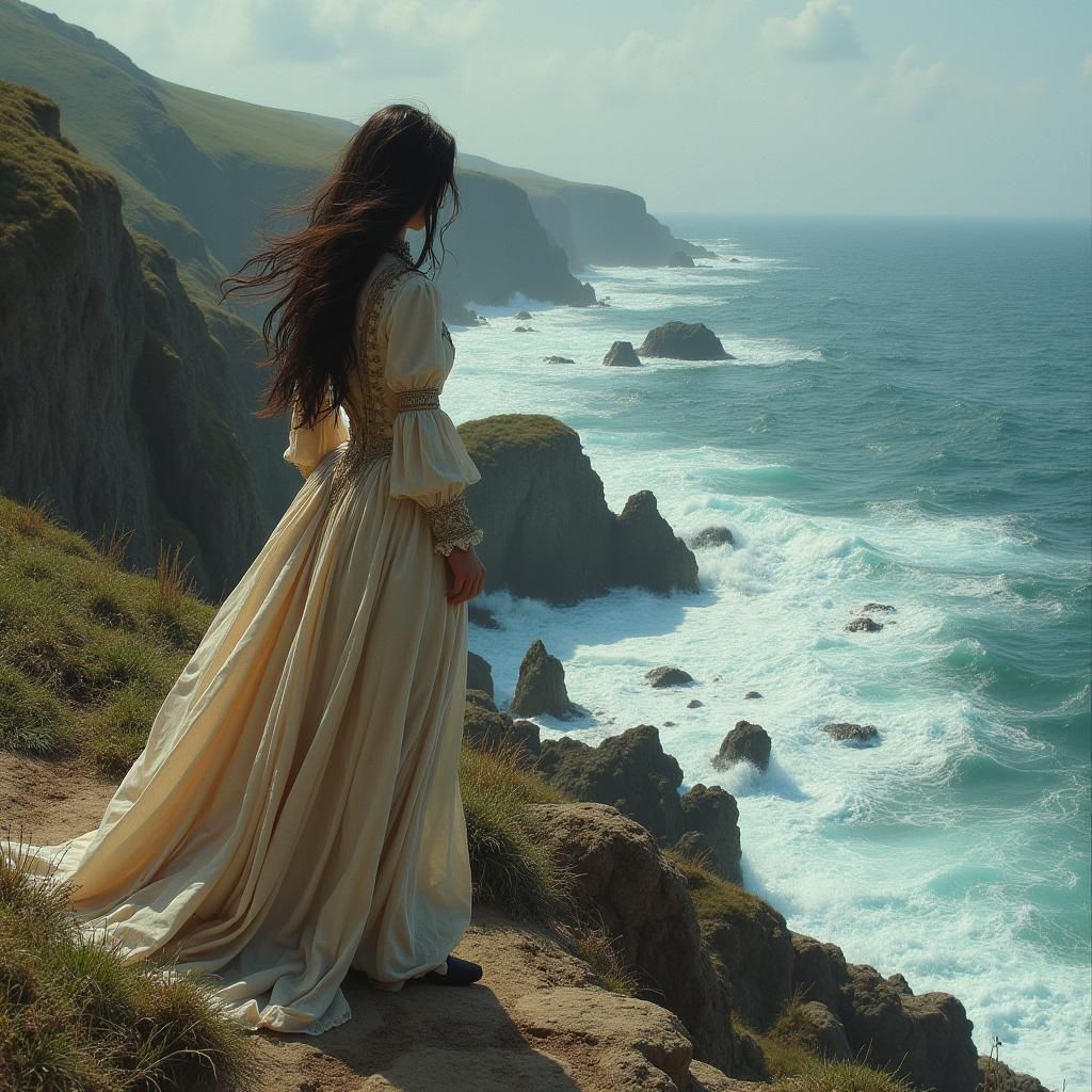 Woman at Stormy Sea in Pre-Raphaelite Style