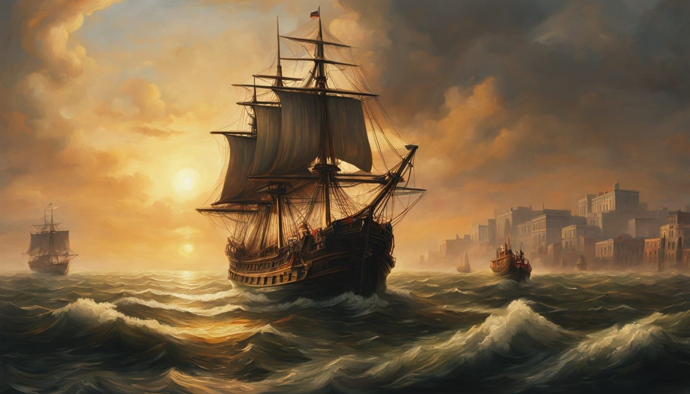 Galley Ship Returns to Port as Oil Painting