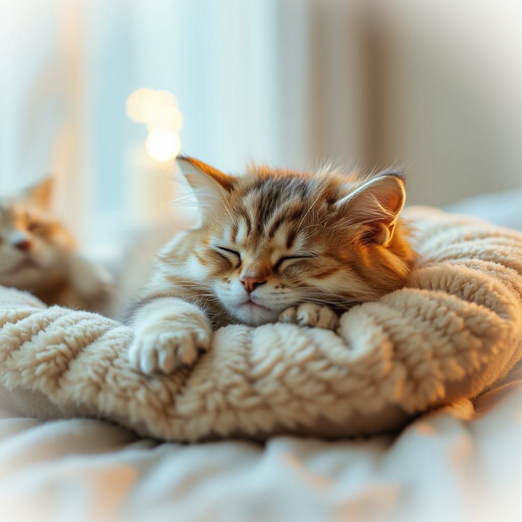 Fluffy Cat Sleeping in Golden Hour Light