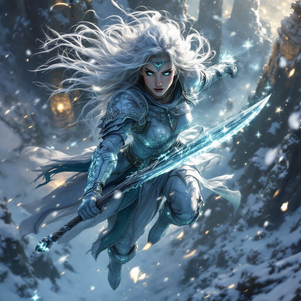 Radiant Nordic Valkyrie Soars Above Turbulent Battlefield
