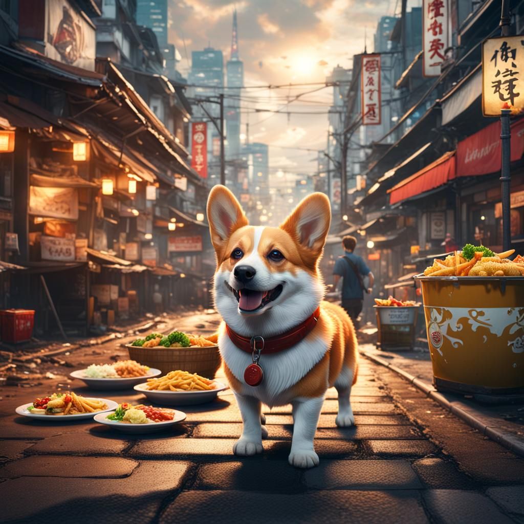 Corgi's Tokyo Street Food Adventure: Artstation Fantasy