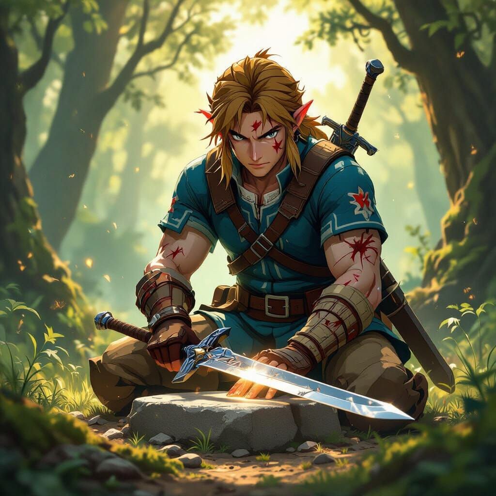 Link Sharpens Master Sword in Sunlit Forest Clearing
