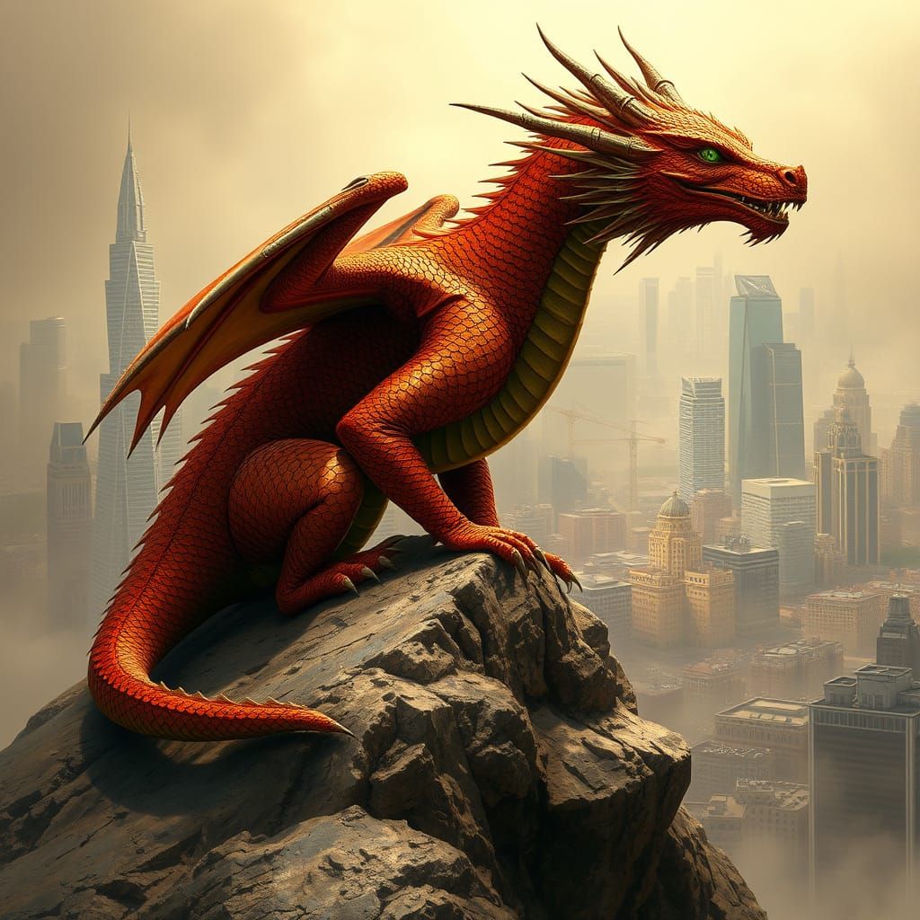 Cyberpunk Copper Dragon Gazing Over Cityscape