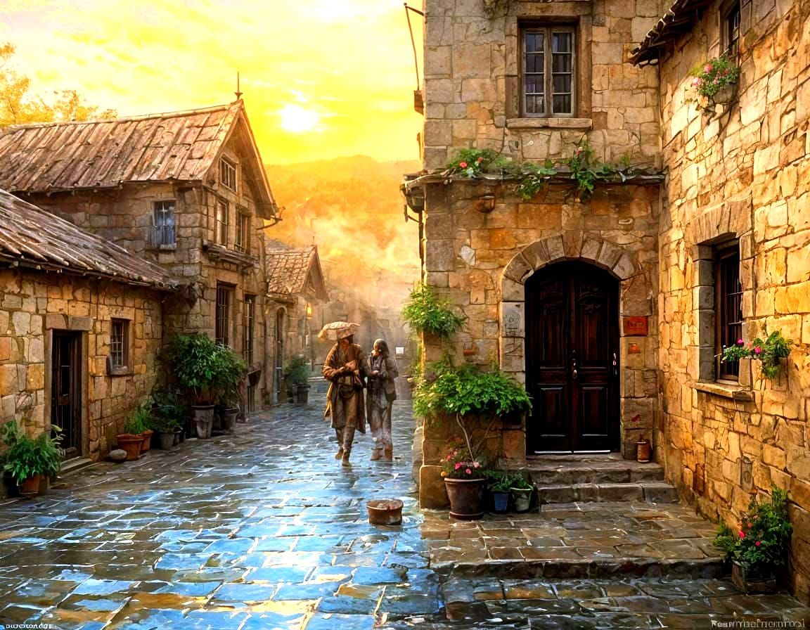 Whimsical Watercolor Coffee Scene in a Fairytale Village at ...