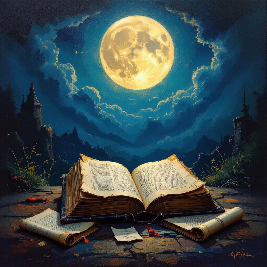 Abstract Oil Painting of Magical Books Under Moonlight