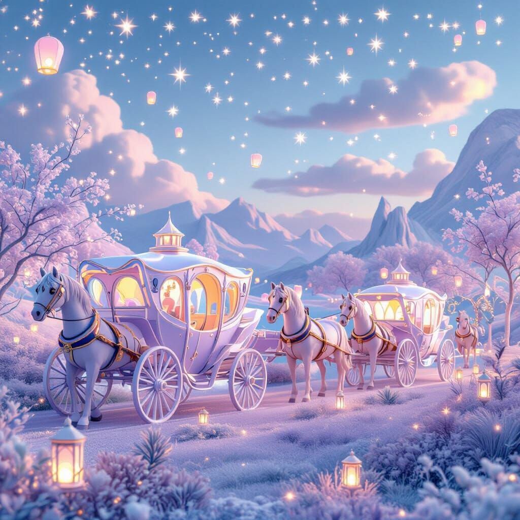 Magical Pastel Fantasy Landscape with Horse-Drawn Carriages