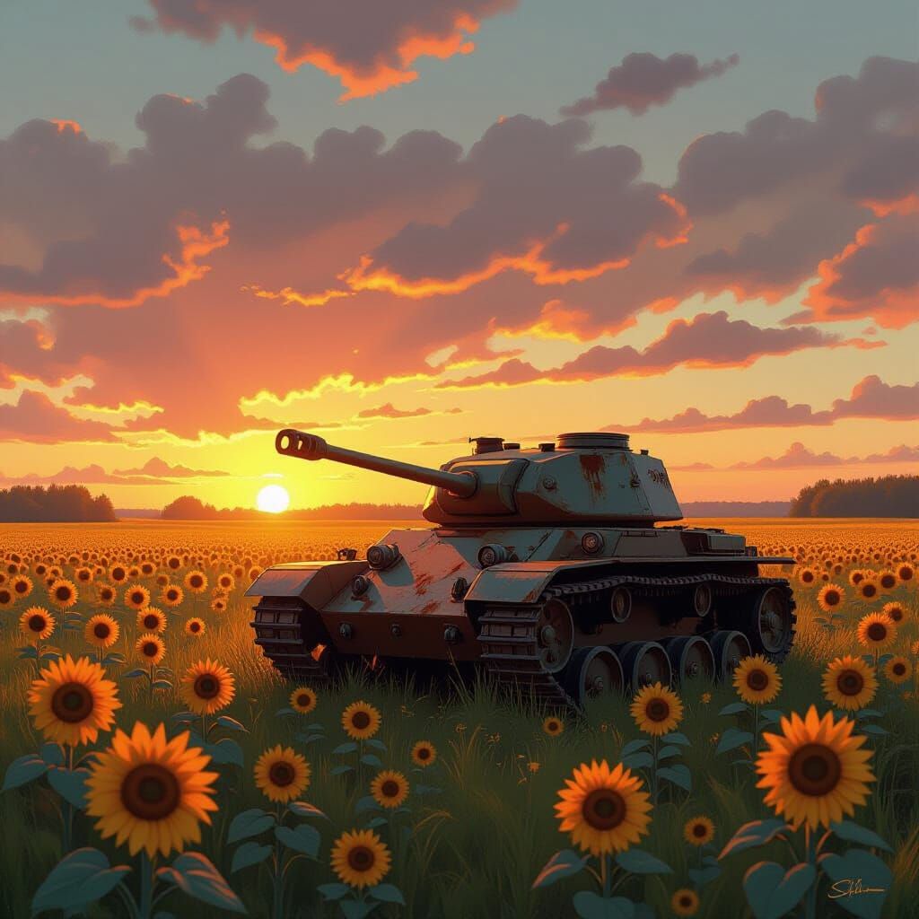 Tank in Sunflower Field at Sunset, Digital Art