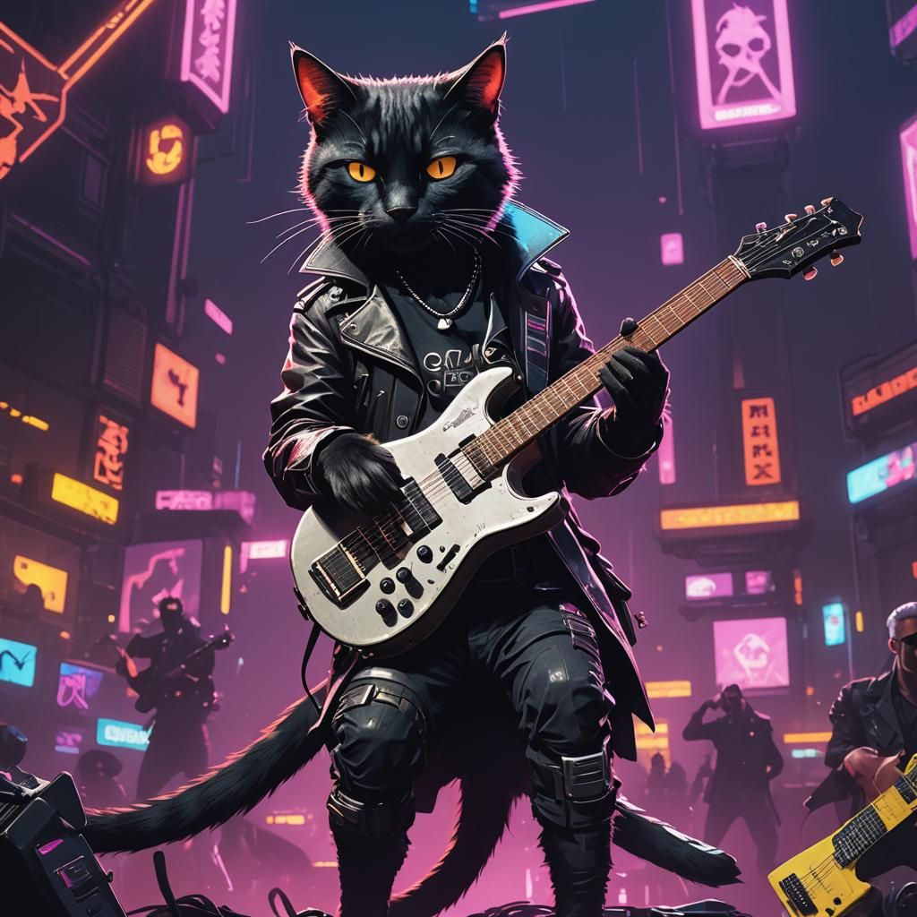 Cyberpunk Cat Guitarist at Punk Rock Concert