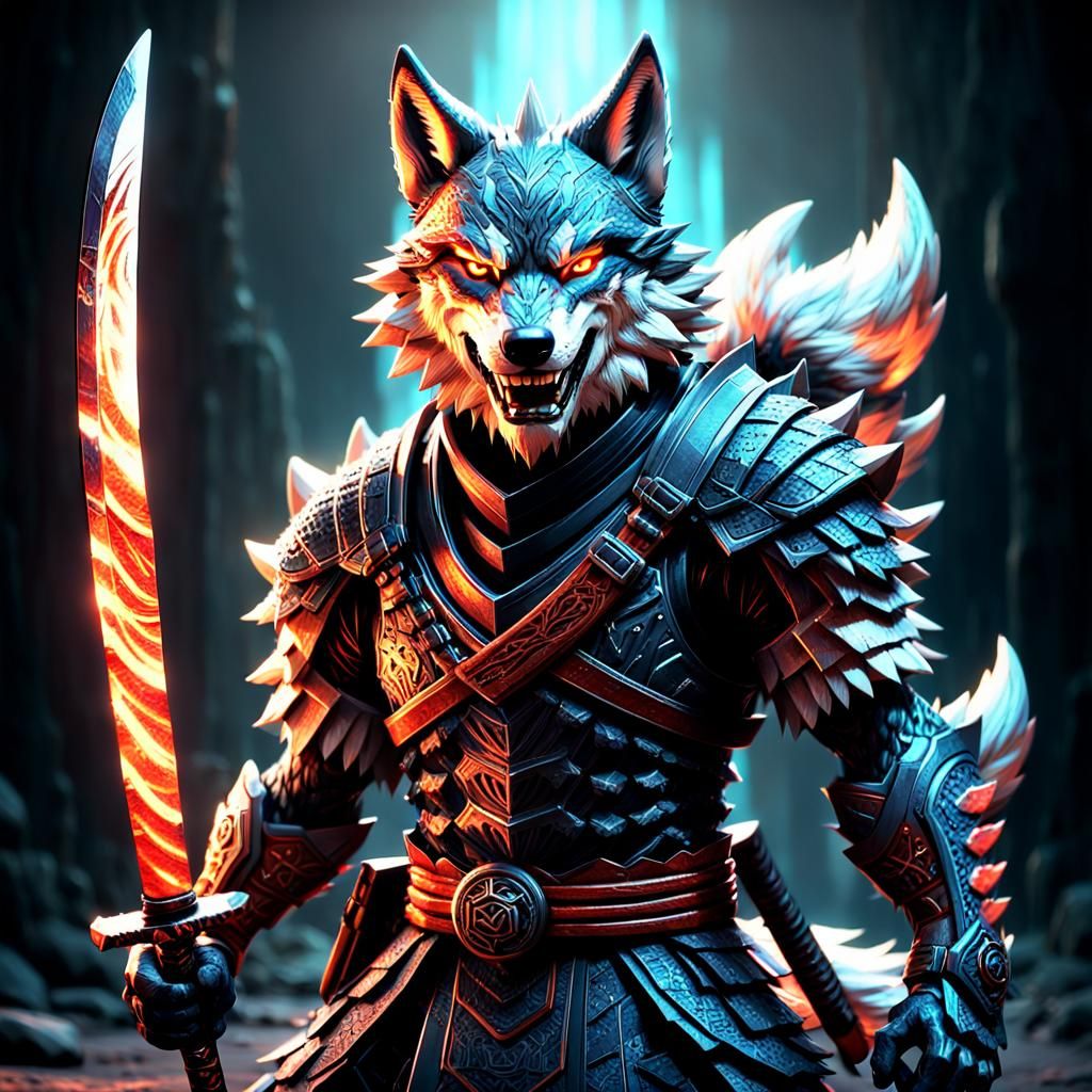 Wolf Humanoid with Katana in Anime Style