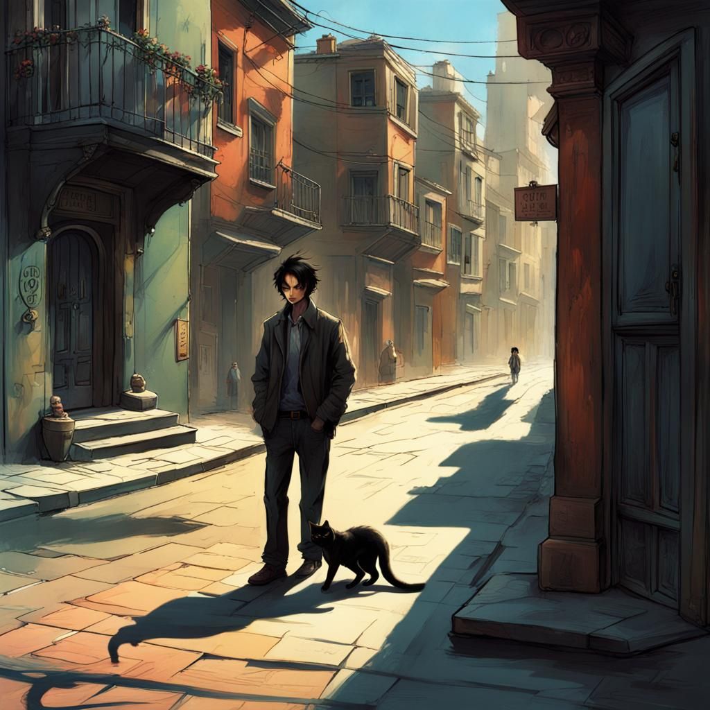 Man and Cat in Detailed Matte Painting