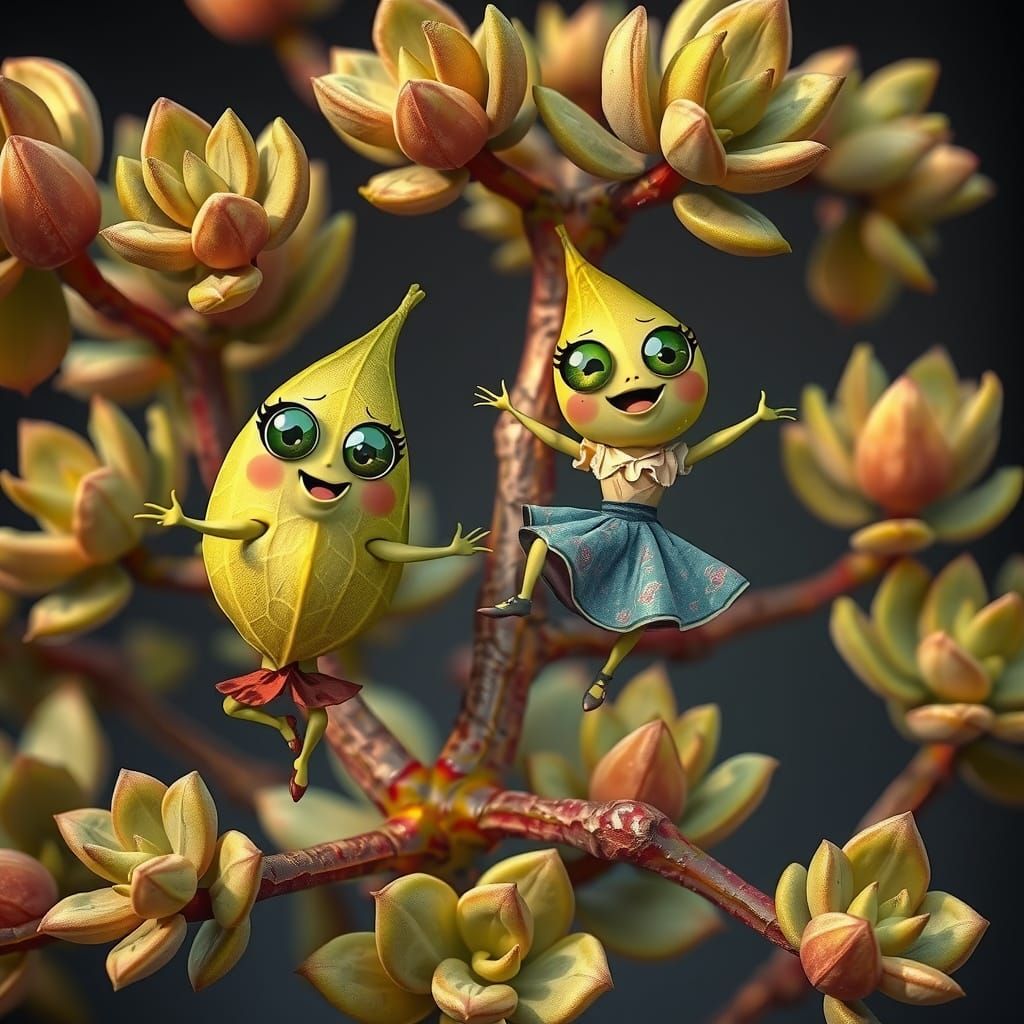Joyful Leaf Fairies Dance on a Whimsical Succulent Tree