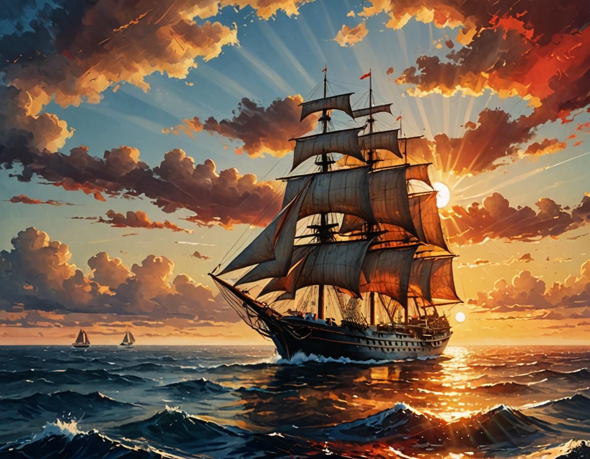 Sailing Ship at Sunset: Watercolor Painting in Golden Hour
