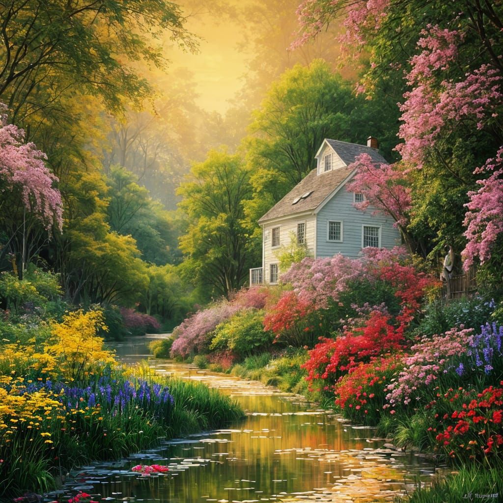 Colorful Cottage Garden Fairytale as Oil Painting
