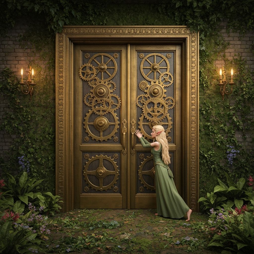 Elven and the Imposing Gear Door: Hyperrealistic Photography