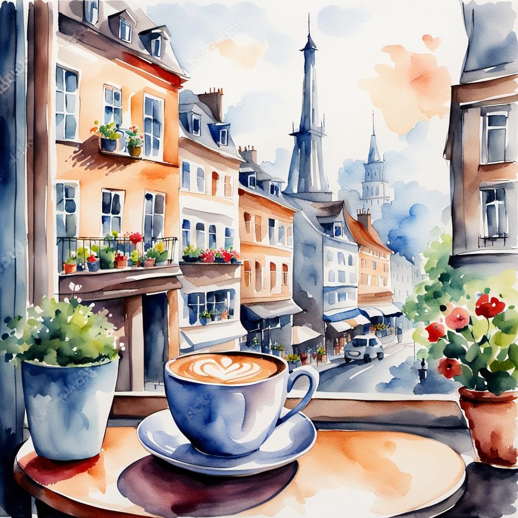 Romantic Watercolor Coffee Cup Scene with Tower