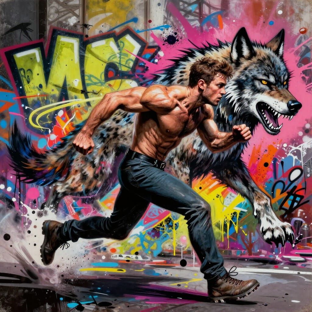 Man Flees Werewolf in Vibrant Urban Art Style