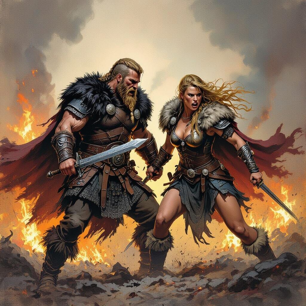 Viking Couple Fighting at Ragnarok, in Ink Illustration Styl...