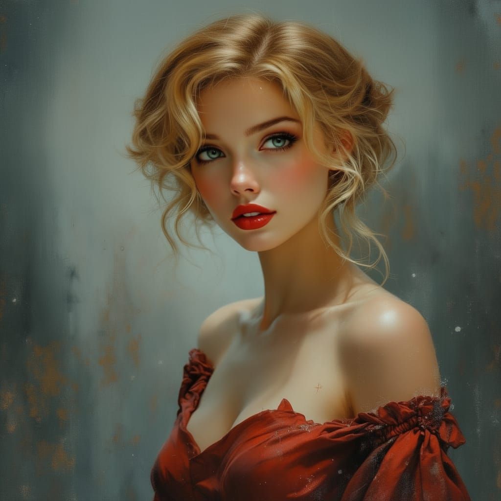 1950s Pin-Up Woman in Maroon Dress, Atmospheric Oil Painting