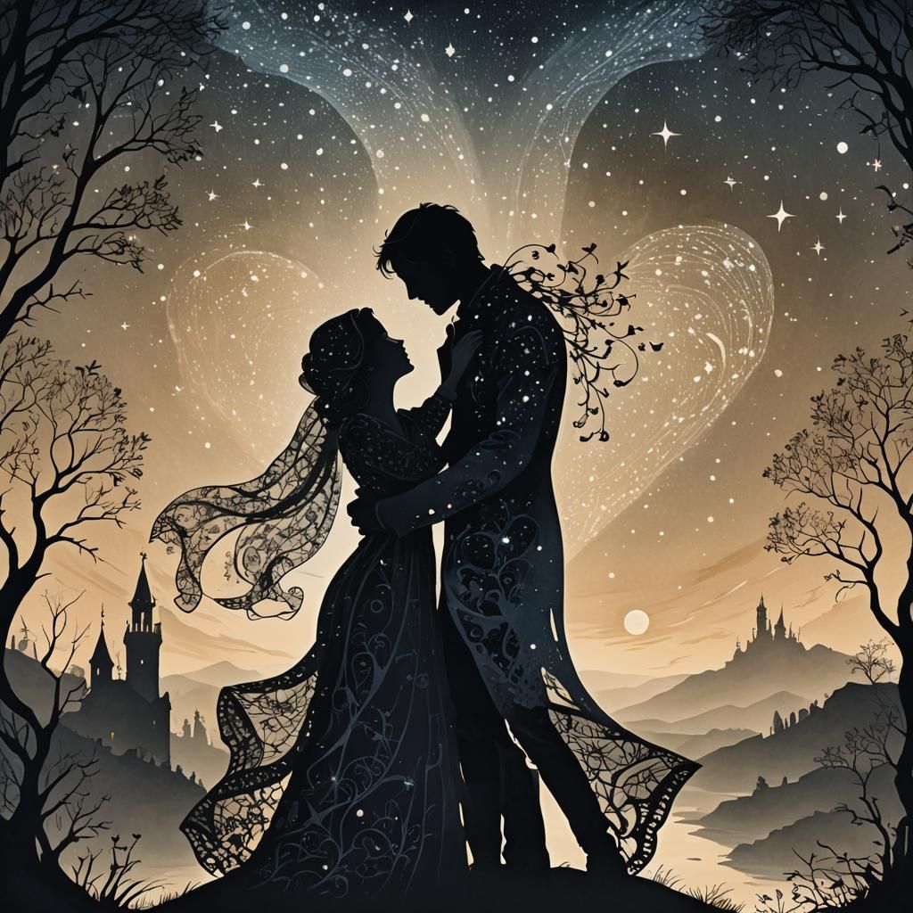 Romantic Silhouette Serenade Under Starry Sky in Watercolor