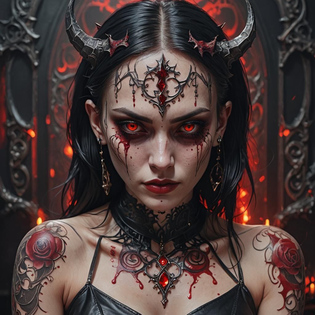 Gothic Girl Portrait with Devil Ornament, Hyperrealistic Art