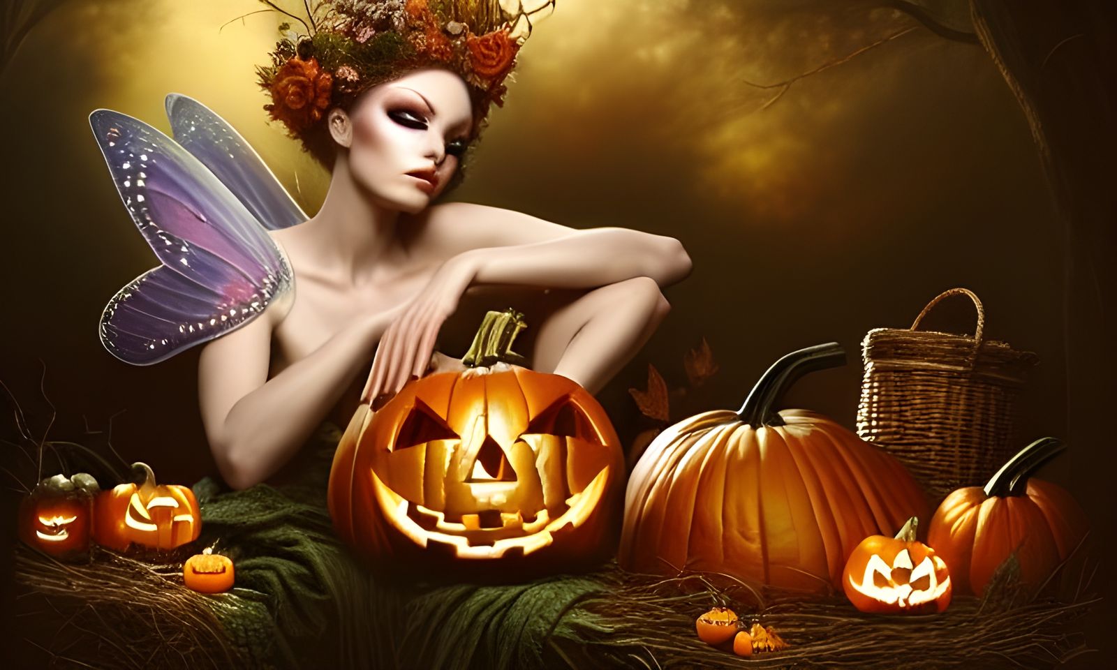 Fairy on Pumpkin Pile in Photorealistic Style