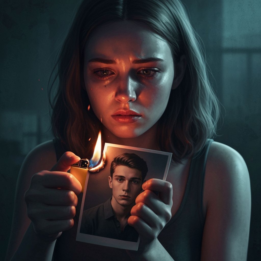 Sad Woman Burns Photo of Man in Grungy Concept Art