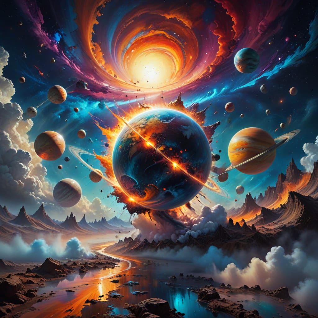 Celestial March: Vibrant Planets Over a Dreamlike Earth