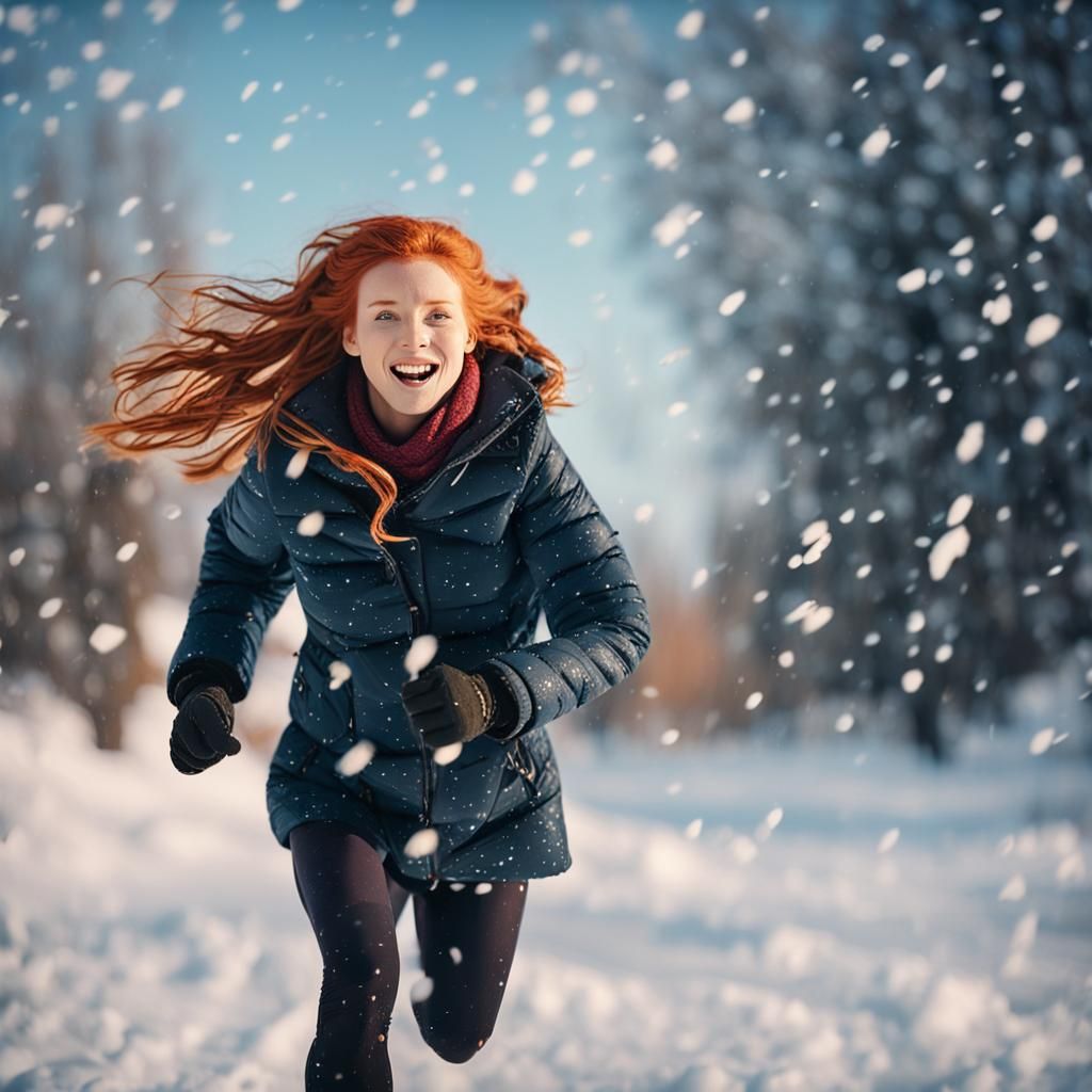 Girl with Red Hair Running in Winter Wonderland