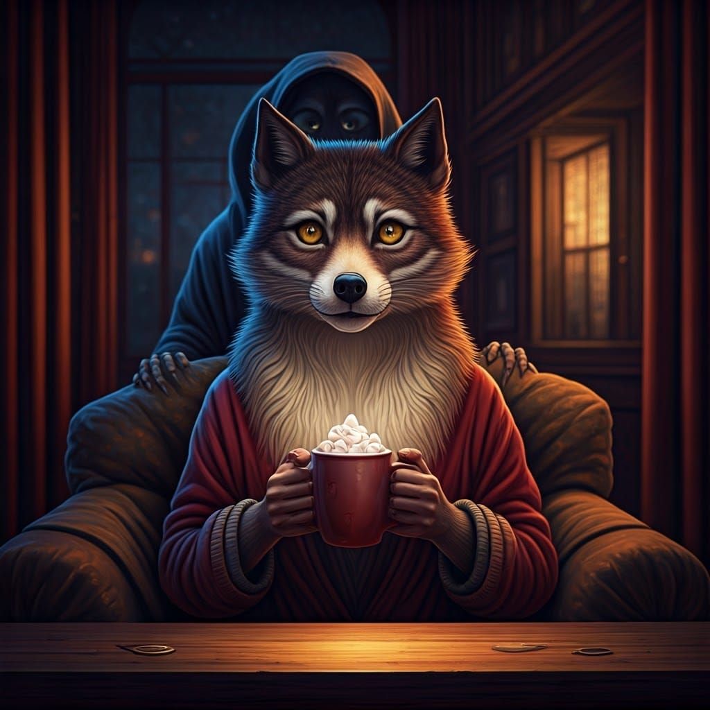 Woman in Lounge with Ghost, Horror Art Style