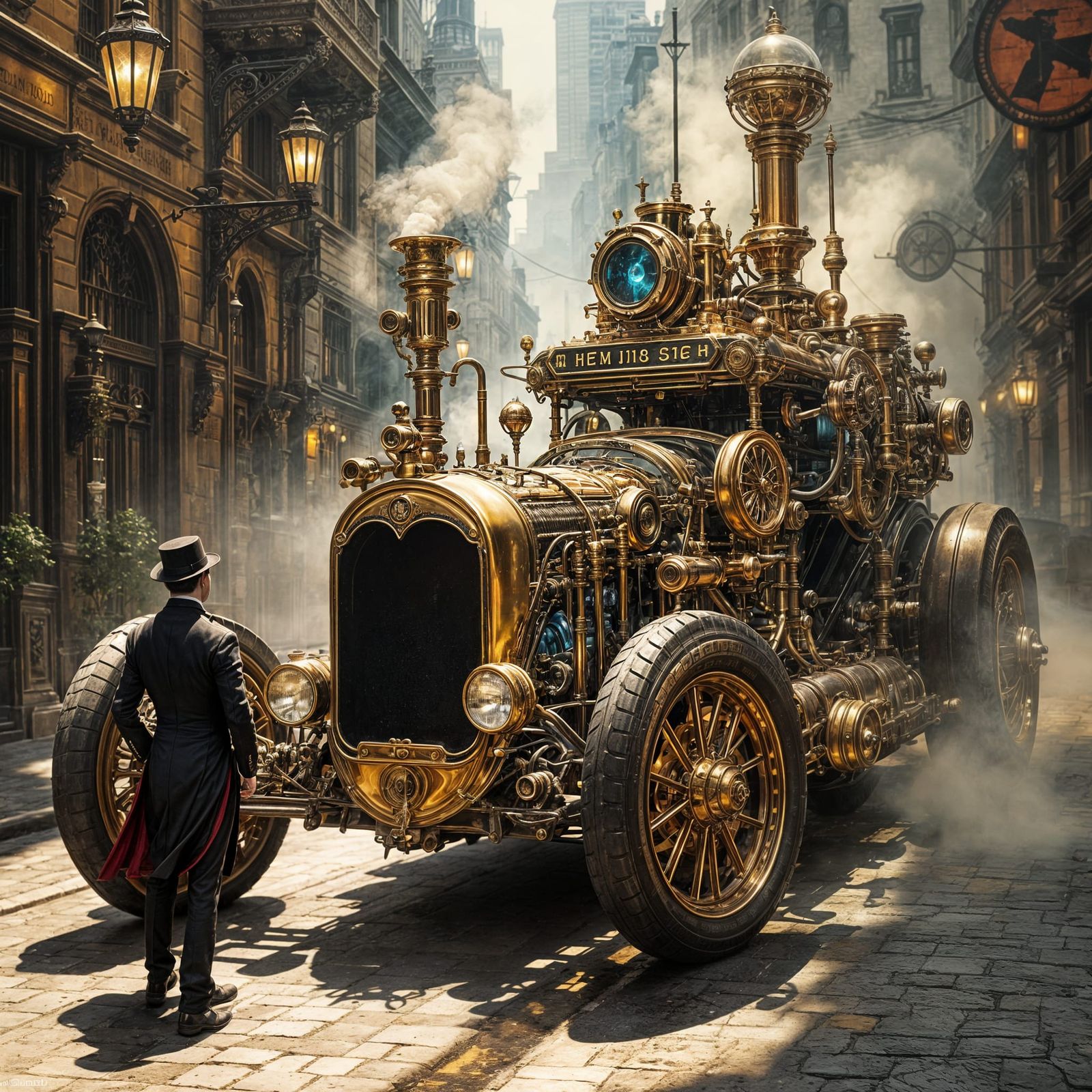 Steampunk Car on Victorian Street, Digital Matte Painting