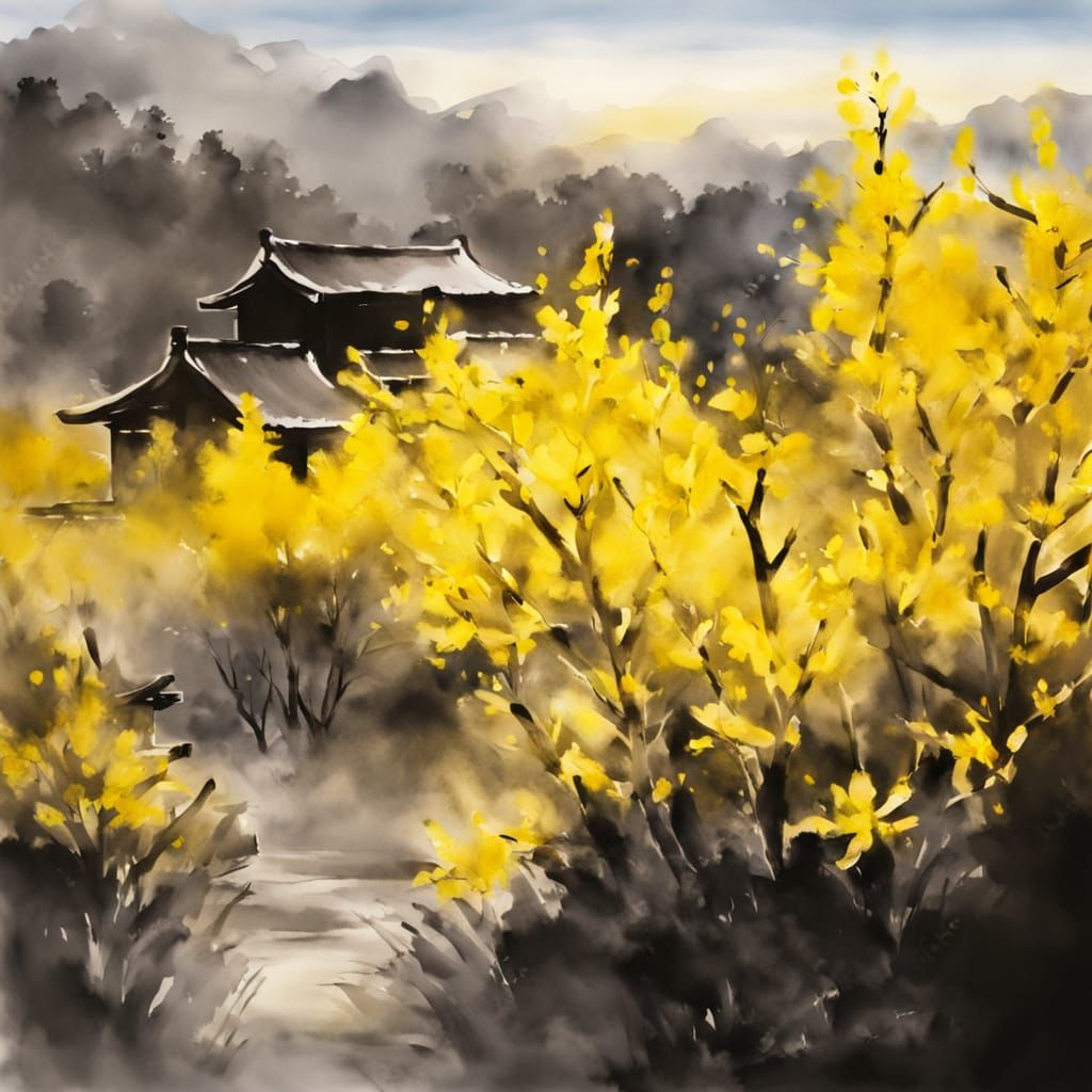 Sumi-e Sun Rises Over Forsythia