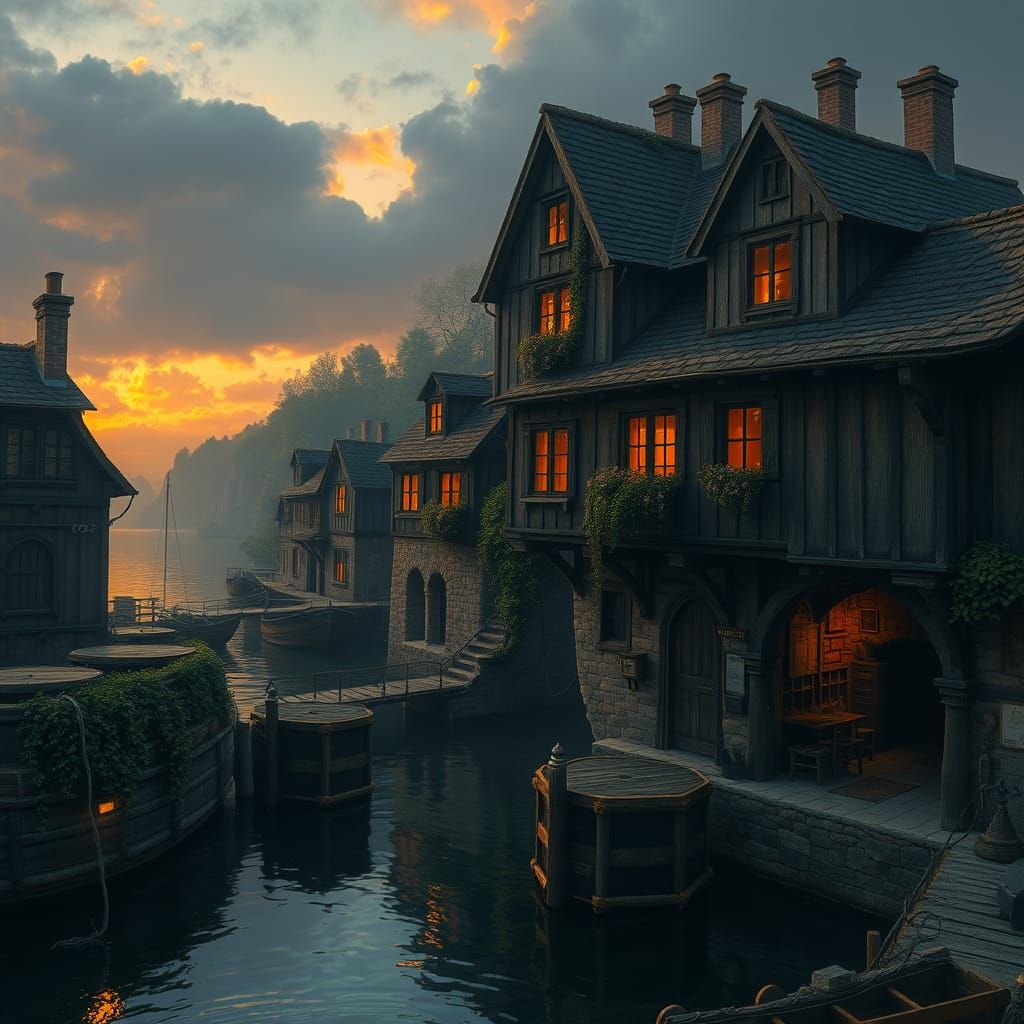 Medieval Harbor Town in Golden Twilight