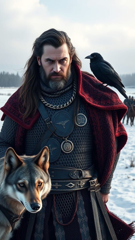 Regal Slavic Warrior Stands Tall in Winter Landscape