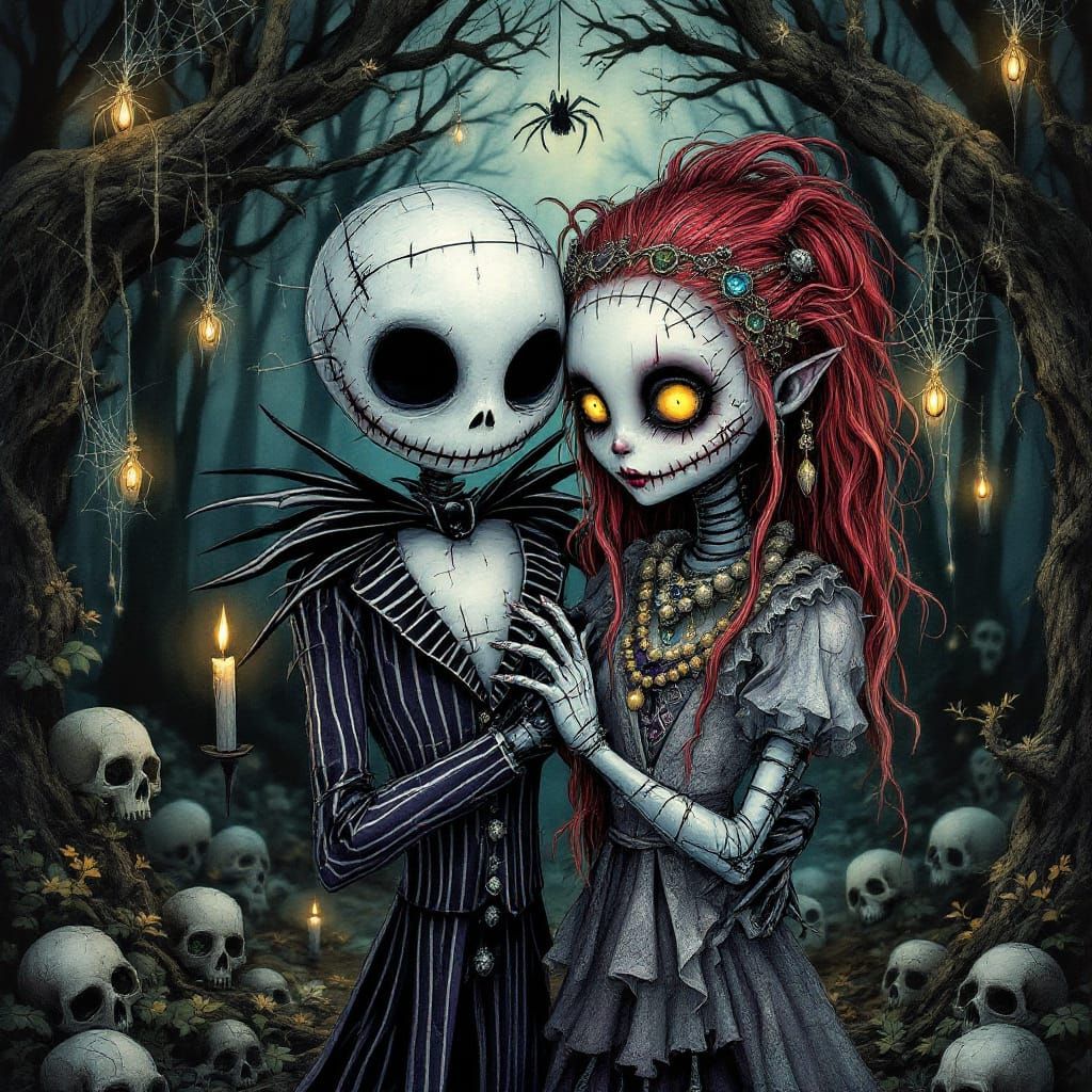 Mystical Gothic Pixie Jack and Sally in Zentangle Style