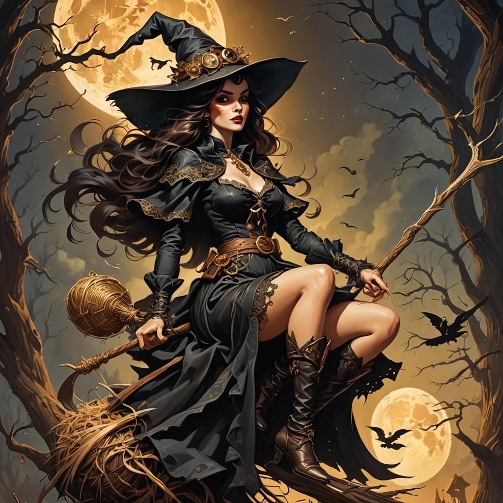 Brunette Witch on Broomstick in Fantasy Art Style