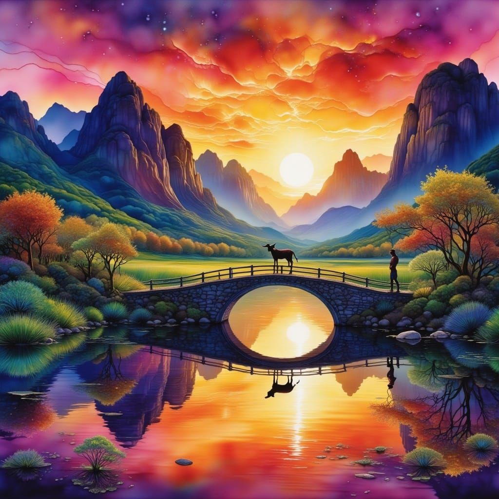 Serene Sunset Over Reflecting Lake with Stone Bridge