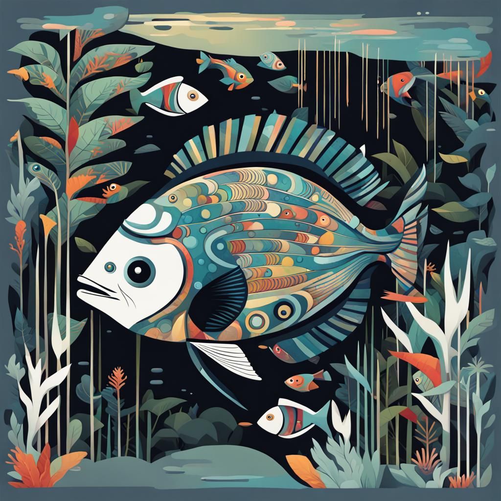 Egyptian Cartoon Fish in Abstract Jungle