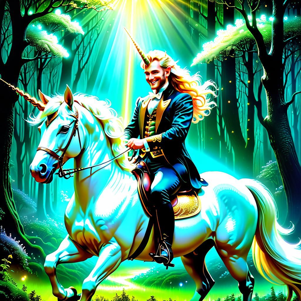 Leprechaun Rides Unicorn in Enchanted Forest