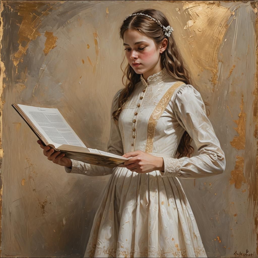 Girl Points to Page: Oil Painting in Gurney Style