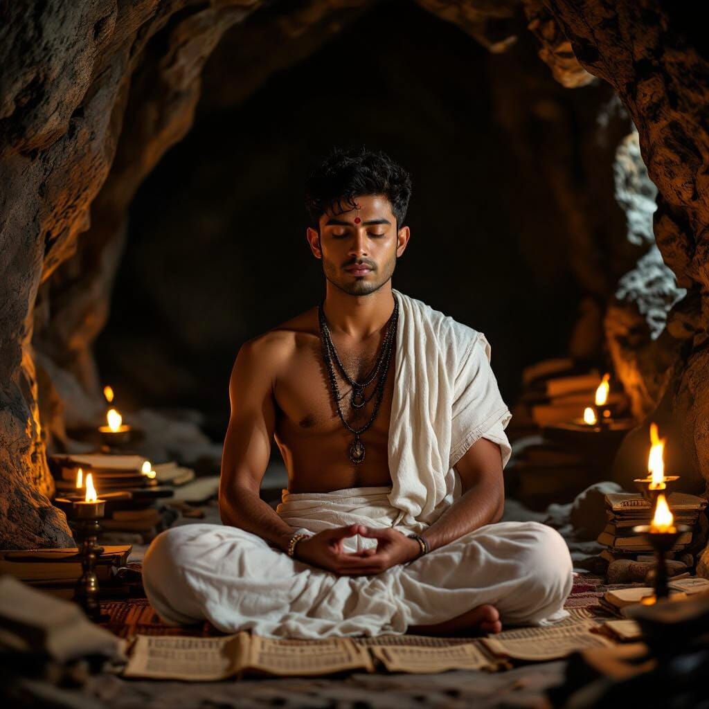 Meditating Disciple in Himalayan Cave, Cinematic Realism