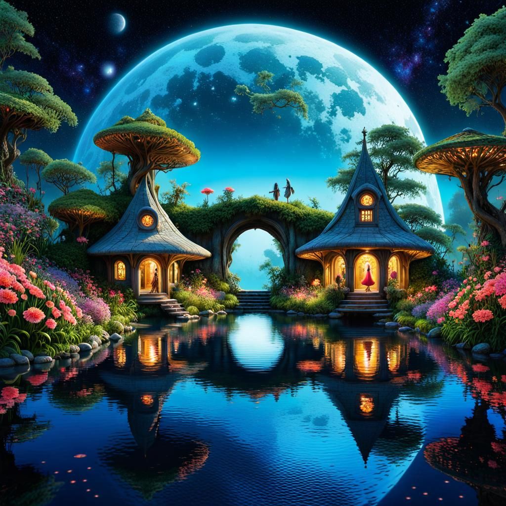 Fantasy Fairy Houses in Illuminated Cosmos Landscape