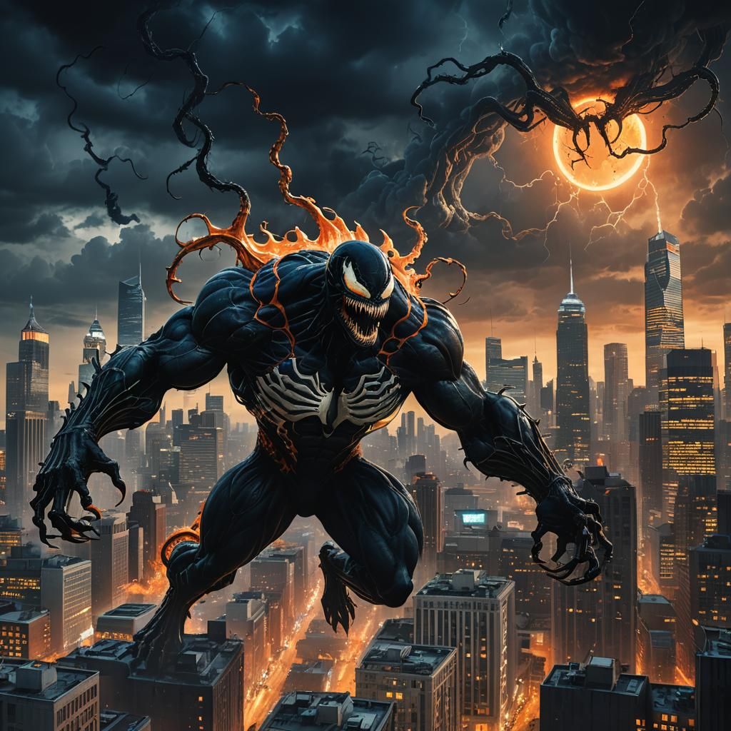 Venom Looms Over Gothic Cityscape in Dramatic Art