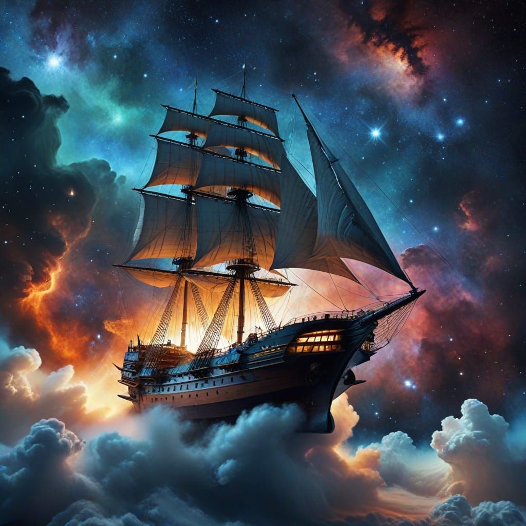 Nebula Exploration: Space Sailing Ship with Huge Sails