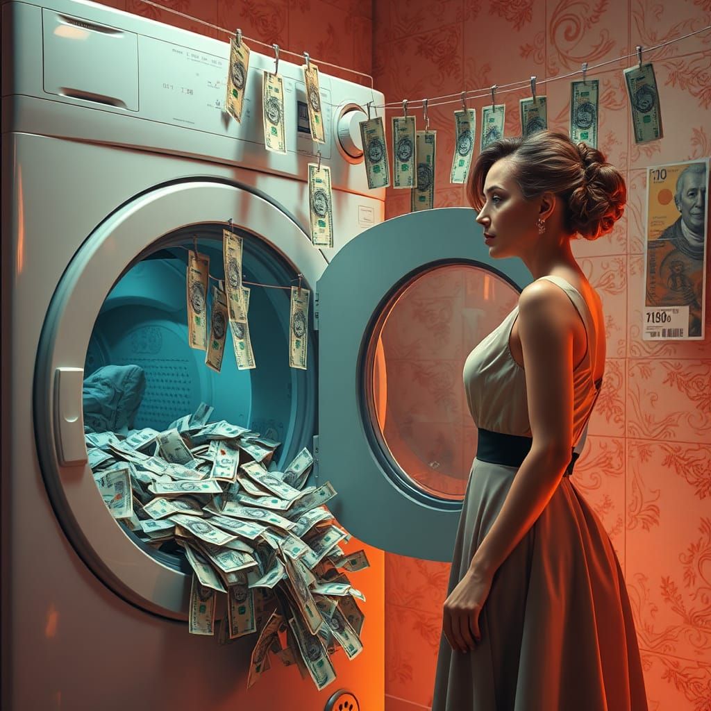 Hyperrealistic Laundry Room with Money