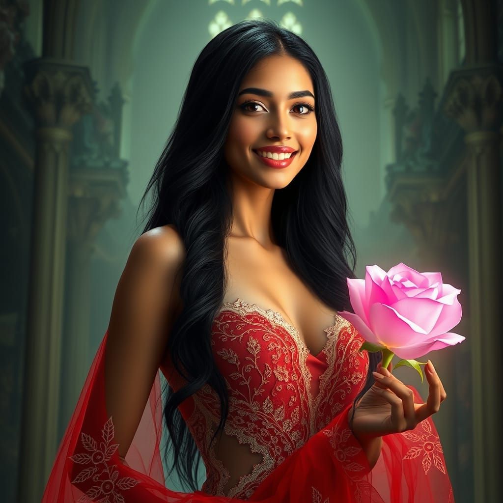 Ethereal Goddess with Rose in Gothic Cathedral