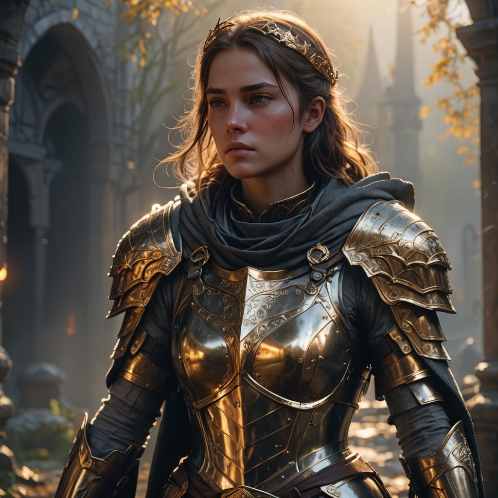 Armored Woman in Cloak with Epic Glowing Effects